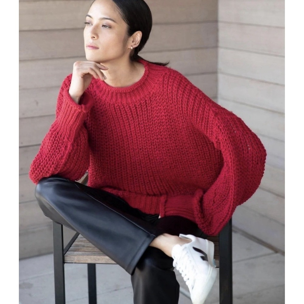 Marcella L Audrey Sweater Oversized Red Chunky Knit Fisherman Wool Roll neck NYC - Picture 2 of 10